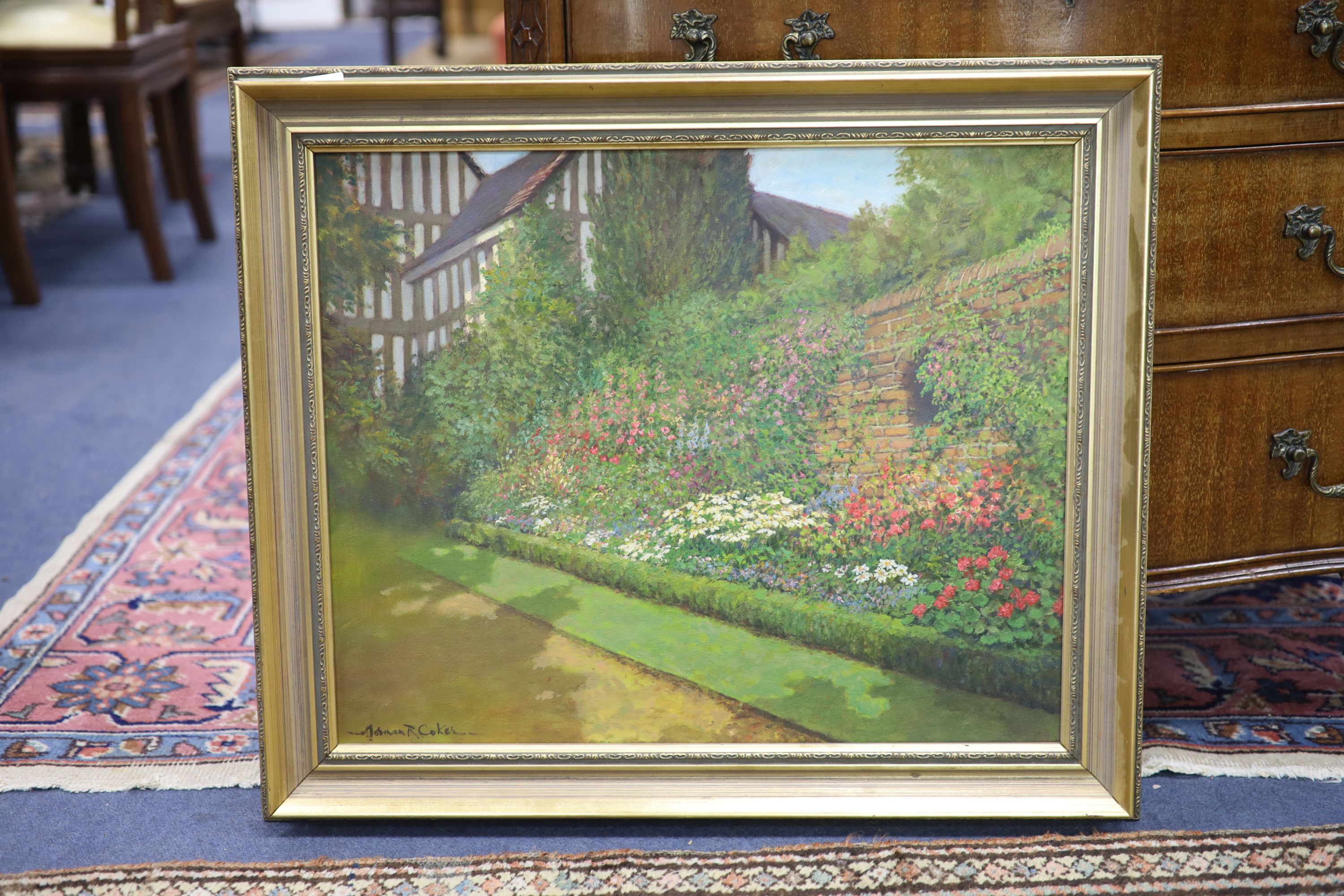 Norman R.Coker, oil on canvas, Herbaceous Border, signed, 44 x 54.5cm